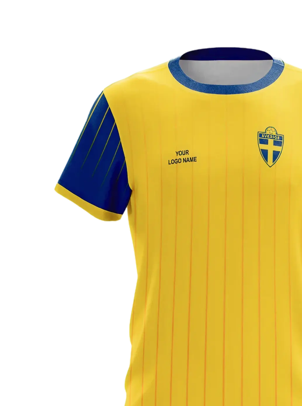 Gul Sverige-inspirerad fotbollstr&ouml;ja med bl&aring; detaljer och anpassningsbar logotypplacering.